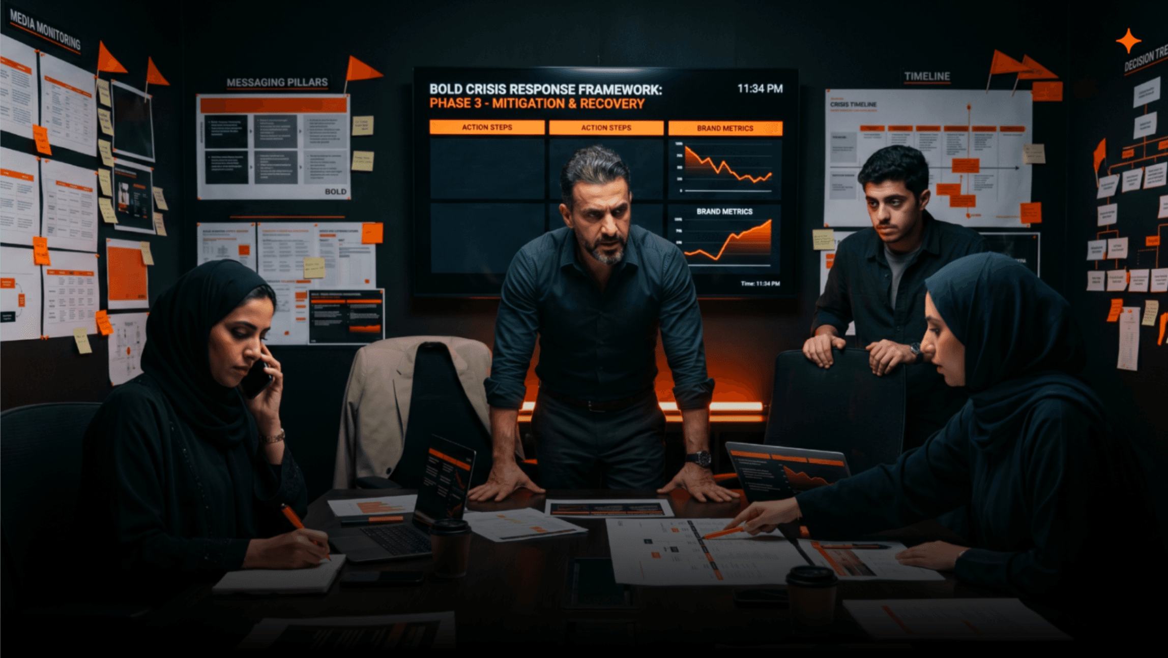 Crisis management strategies article hero image, showing leadership and decision-making under pressure to protect brand trust