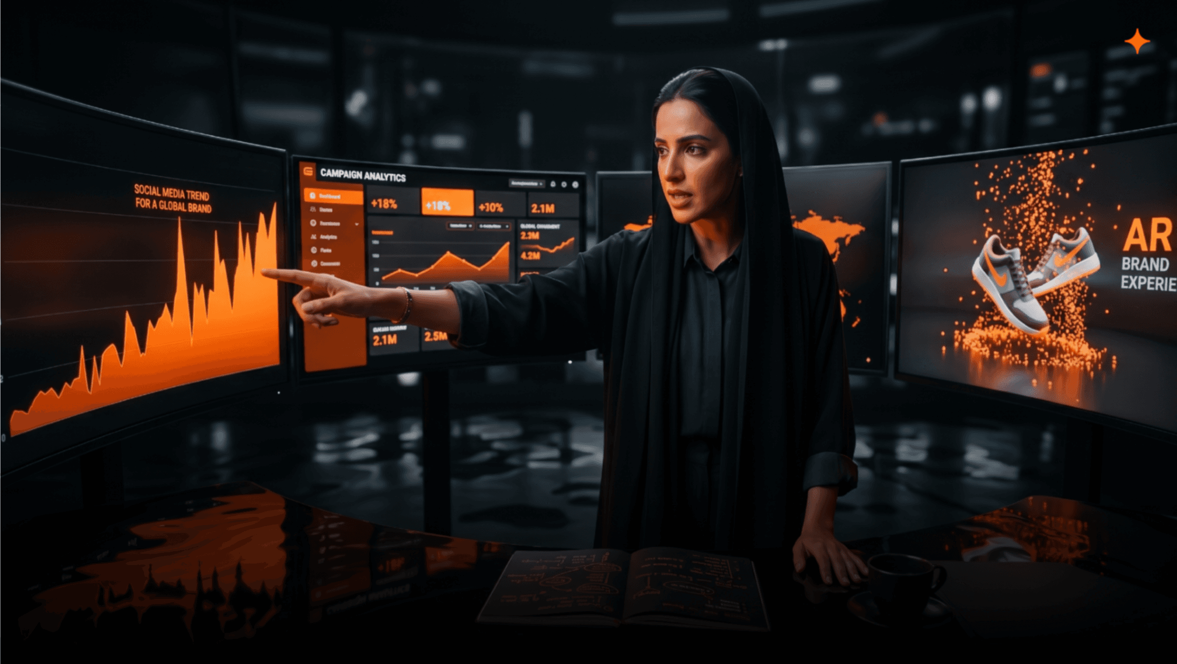 An Emirati women in front of an immersive digital experiential brand moment with a participant in a tech-lit environment, illustrating phygital experiences for Dubai brands
