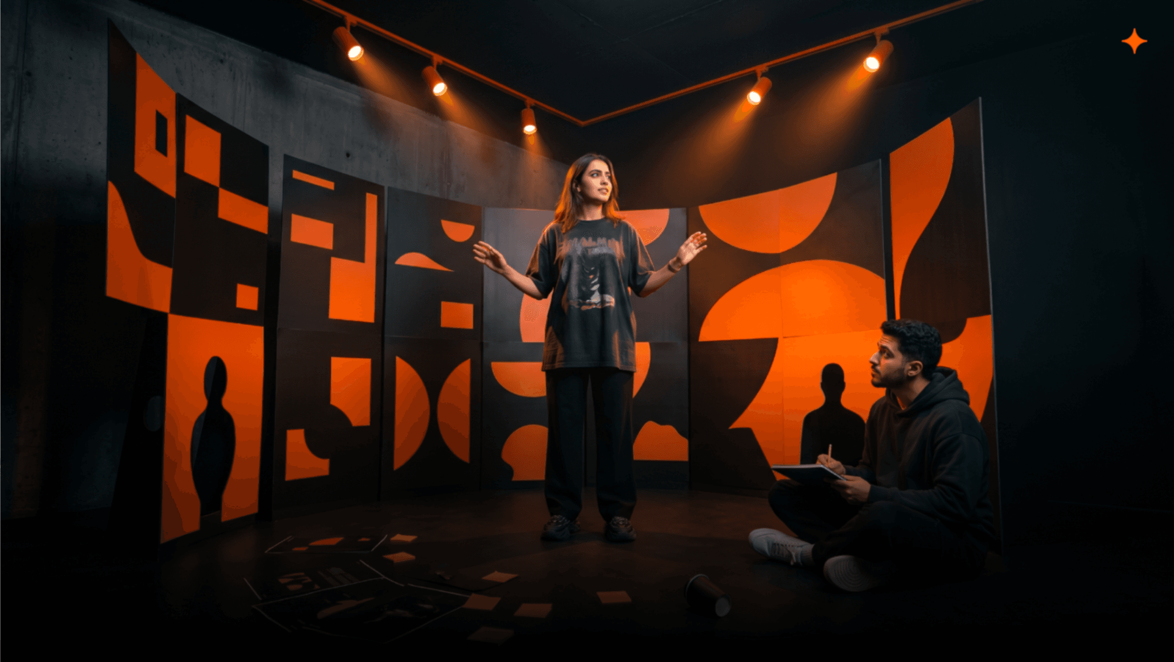 Immersive design workshop scene with a presenter inside an orange-and-black experiential set, illustrating customer engagement through presence