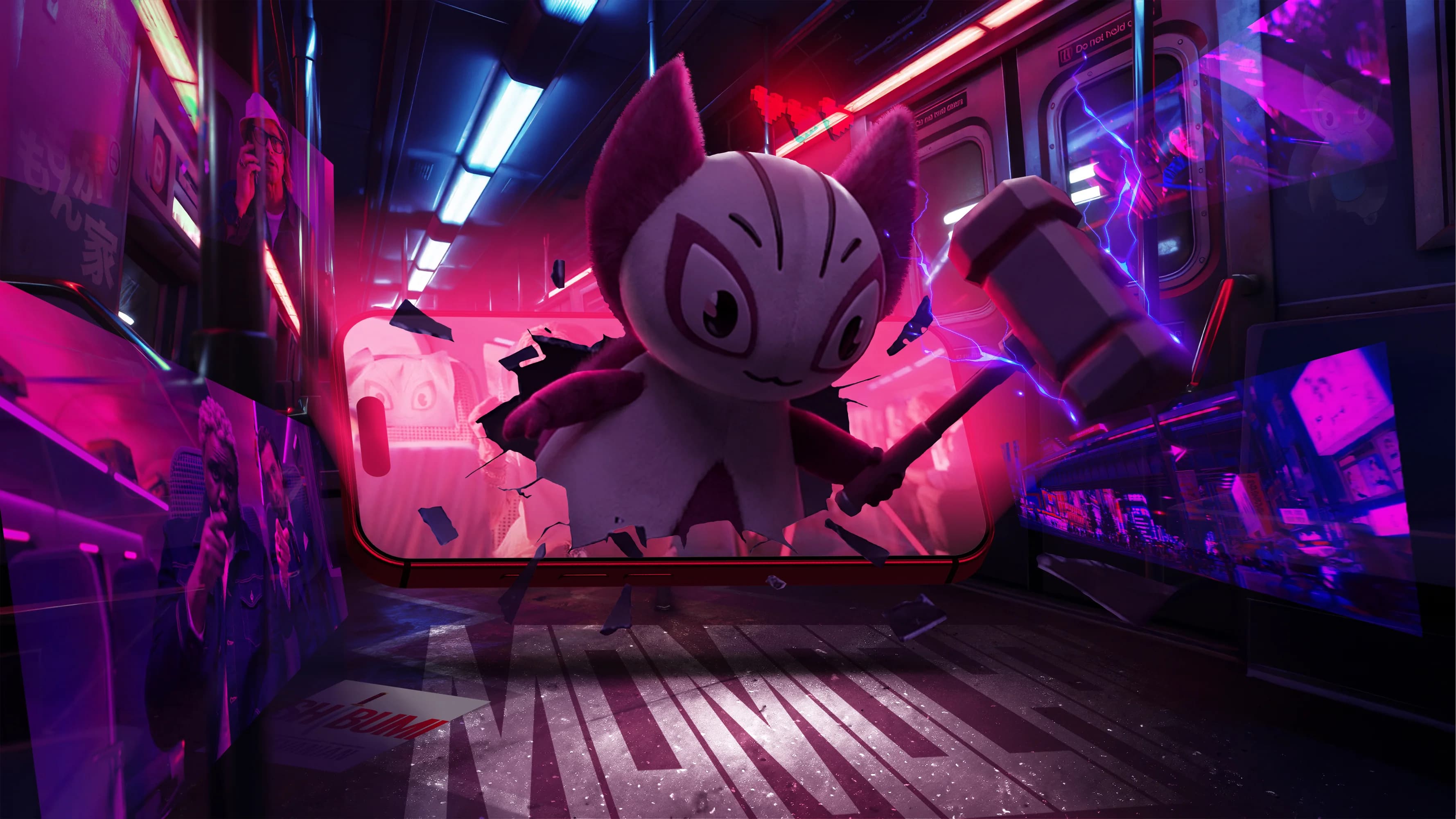 Momochan, the mascot from Bullet Train, swinging a hammer inside a neon train carriage