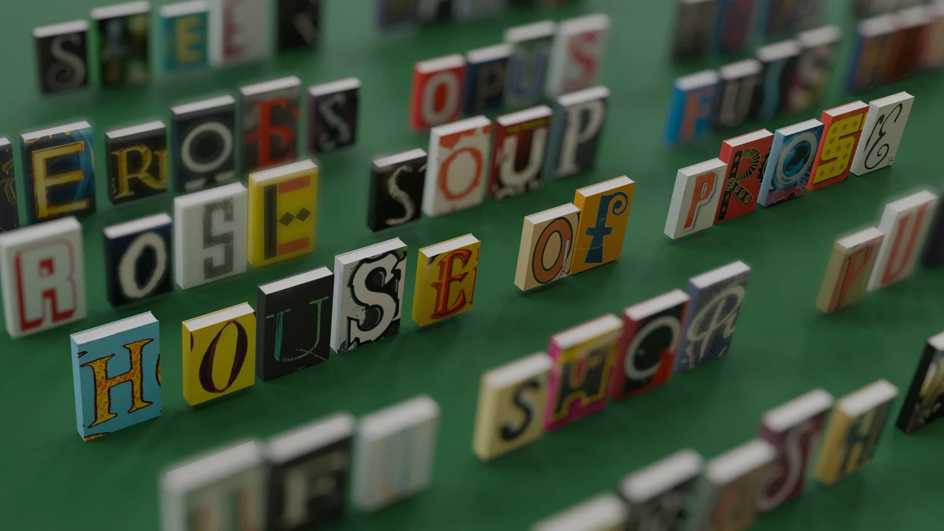 House of Prose “HOUSE OF PROSE” letter tiles on a green backdrop, part of the Rearranged retail activation House of Prose “HOUSE OF PROSE” letter tiles on a green backdrop, part of the Rearranged retail activation