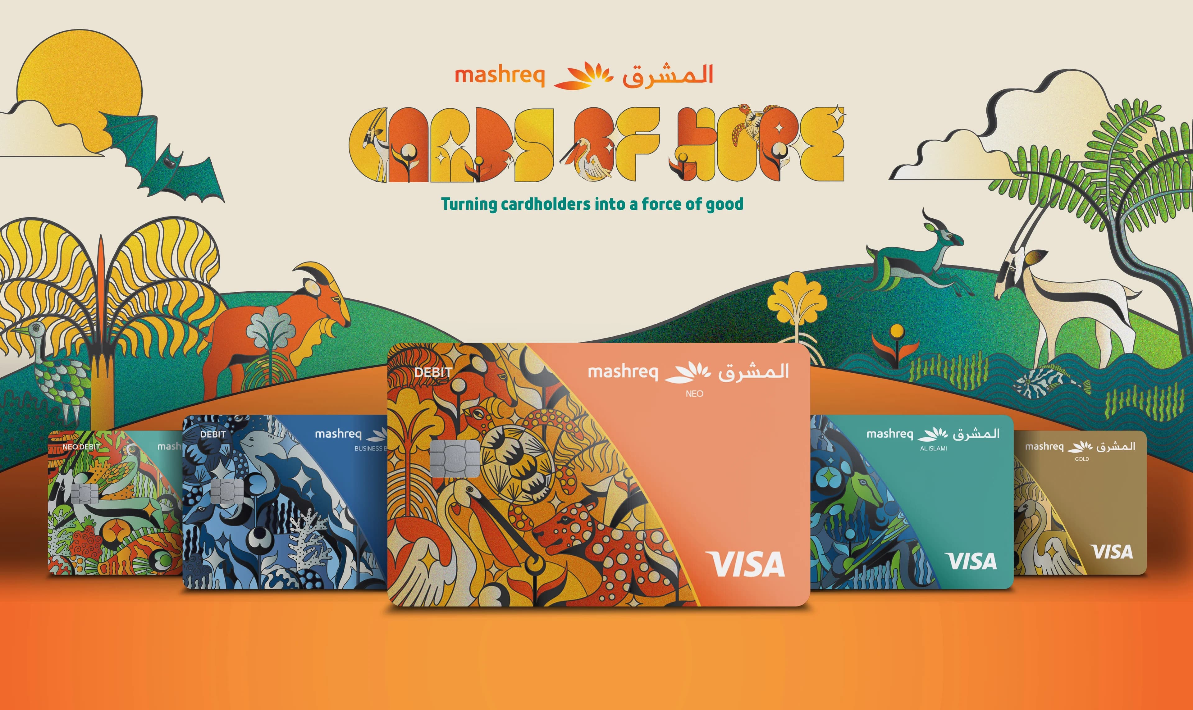 The Cards of Hope collection of Mashreq debit and credit cards, each illustrated with a UAE species