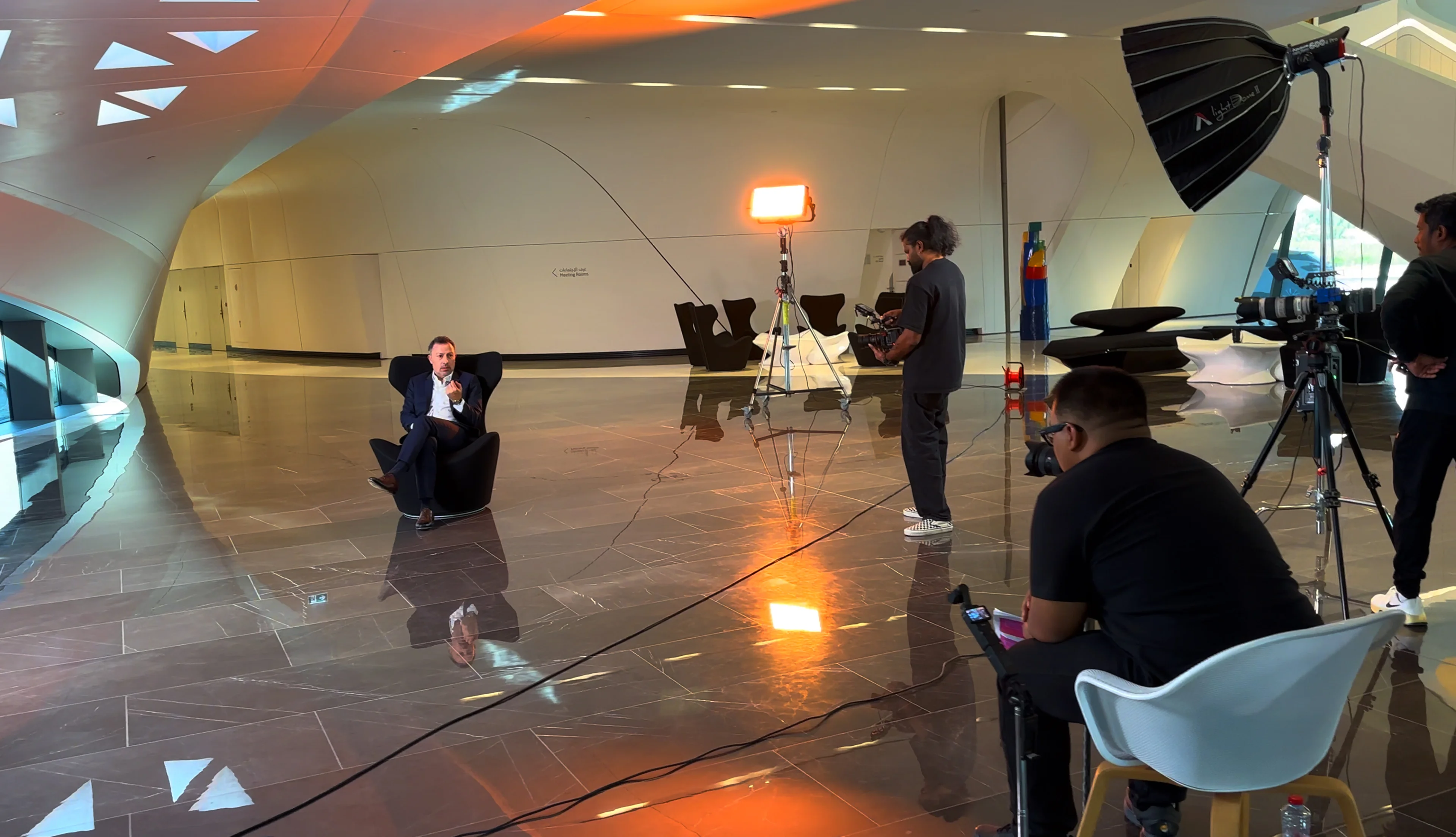 Production team filming Mashreq Masterclass corporate banking interviews. Production team filming Mashreq Masterclass corporate banking interviews