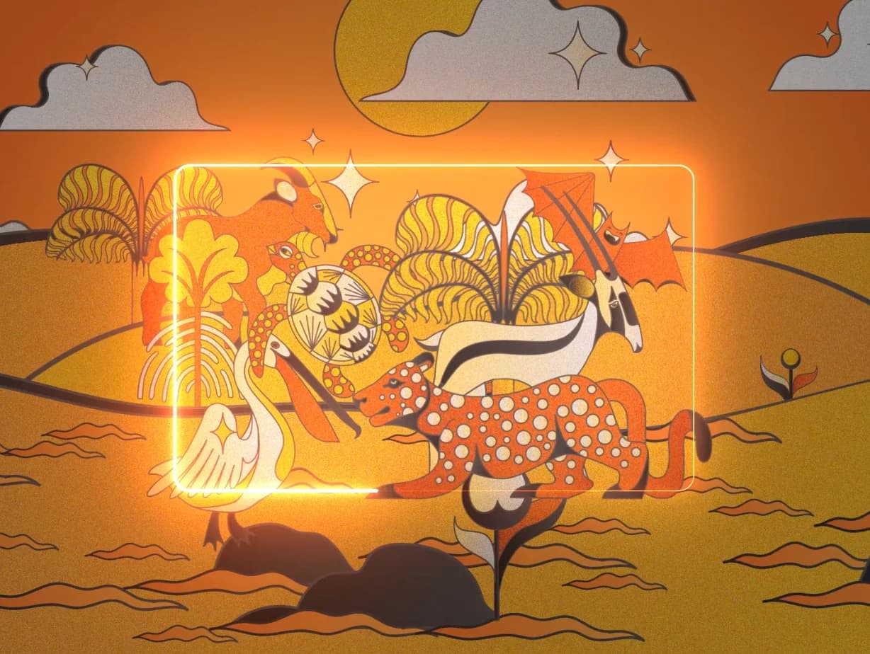 Illustrated UAE plants and animals gathered inside the outline of a card