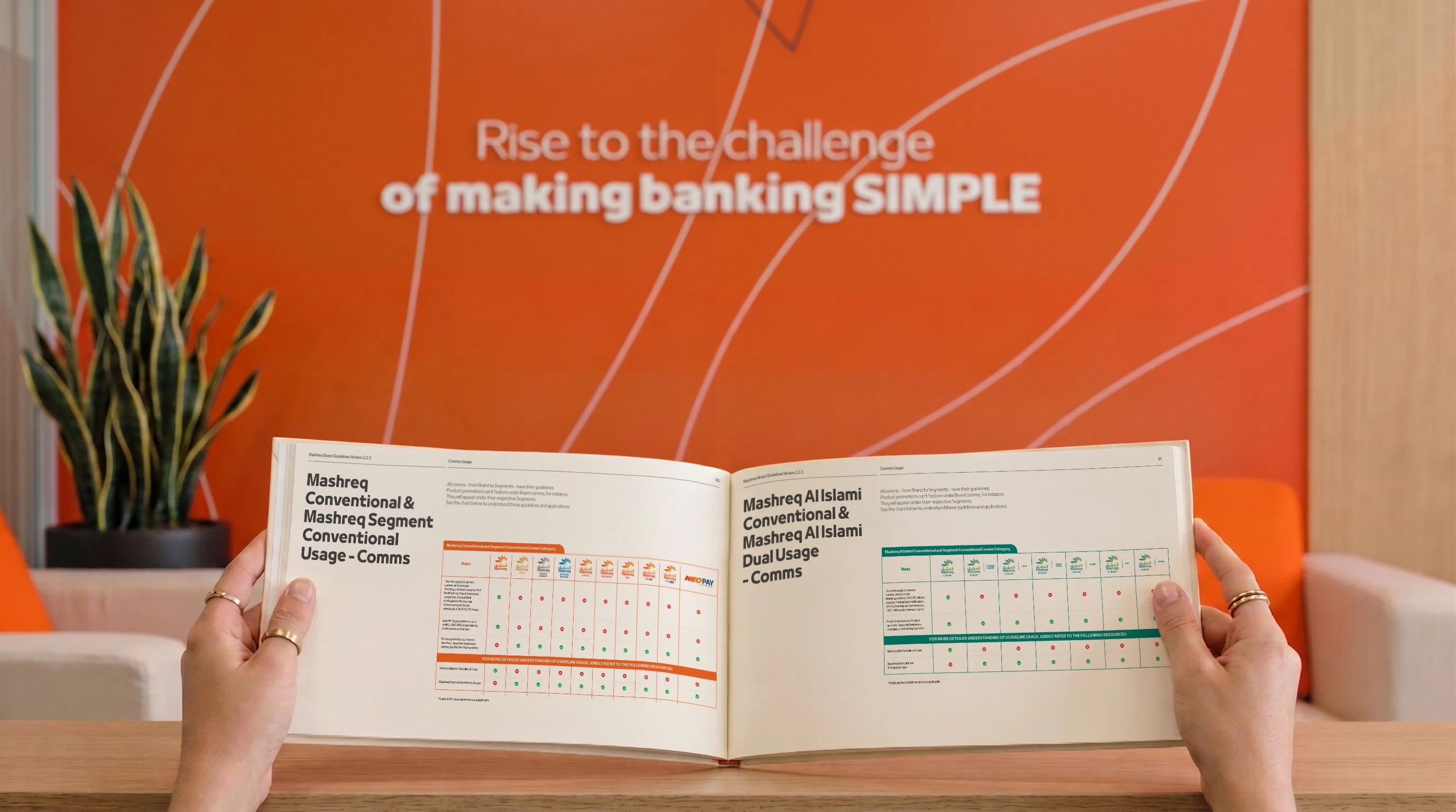 Mashreq brand guidelines open at the pages for conventional and segment usage