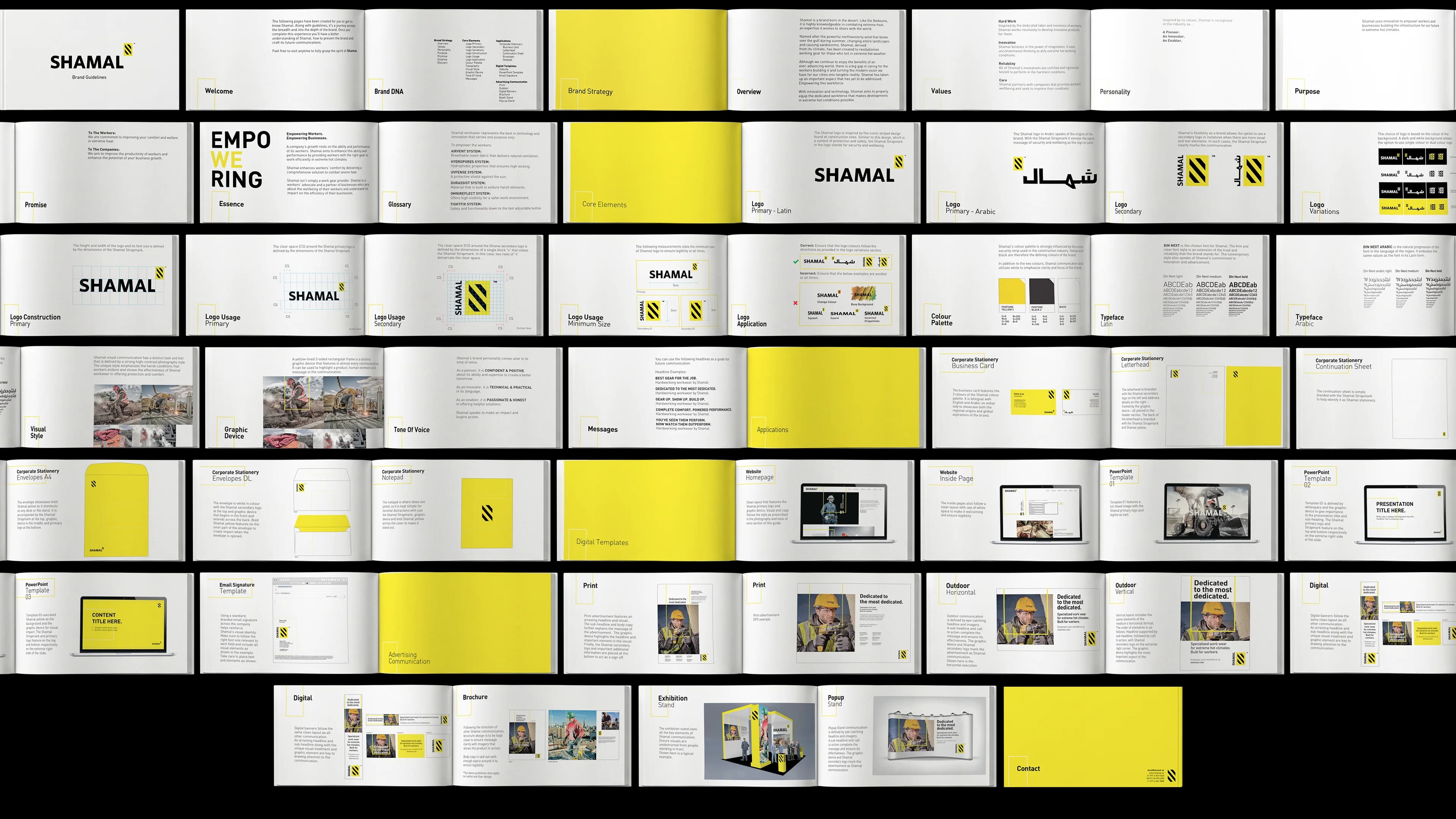 Pages from the Shamal brand guidelines laid out in a grid