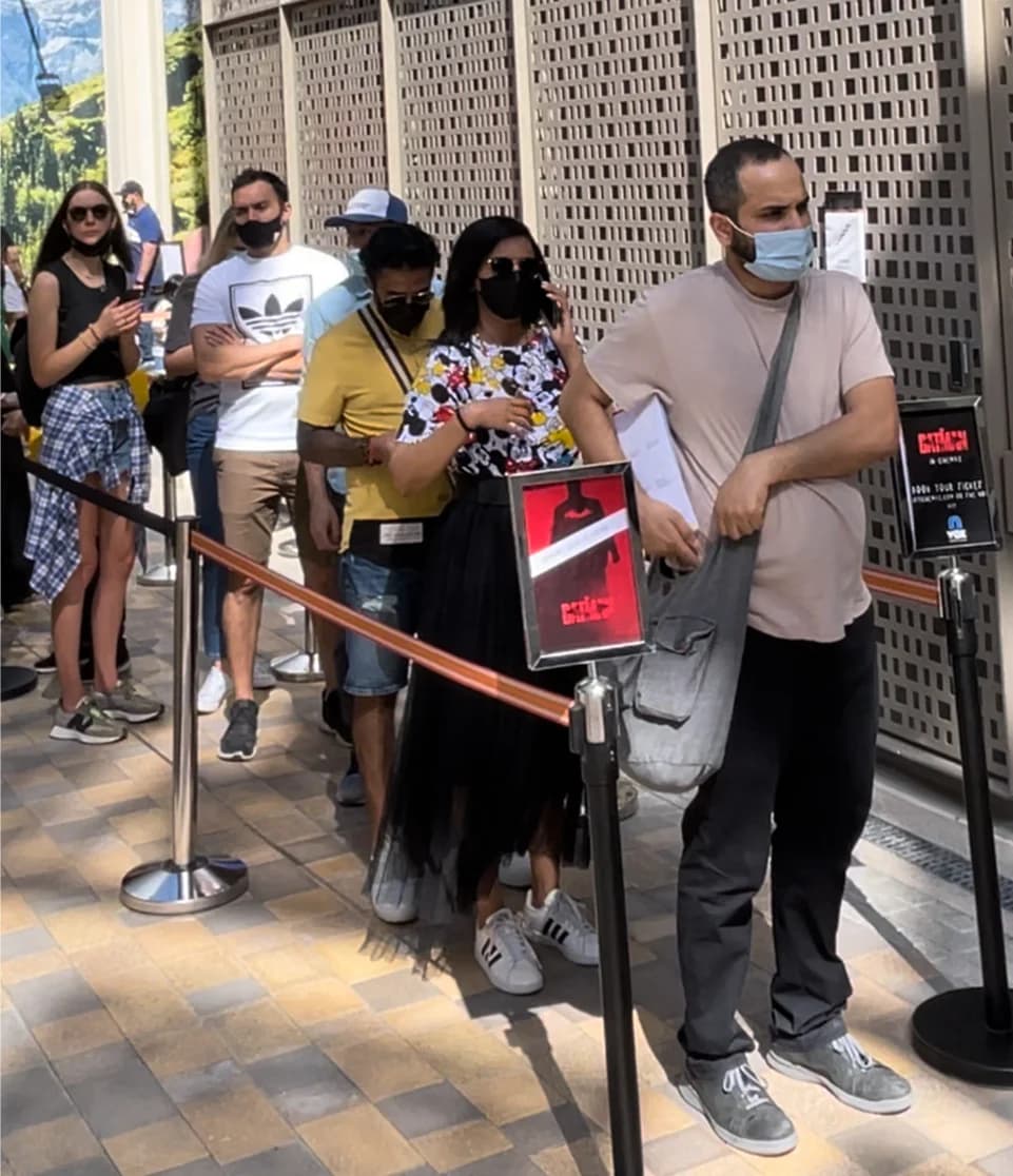 Visitors queuing outside the Gotham City Pavilion at Expo 2020 Dubai