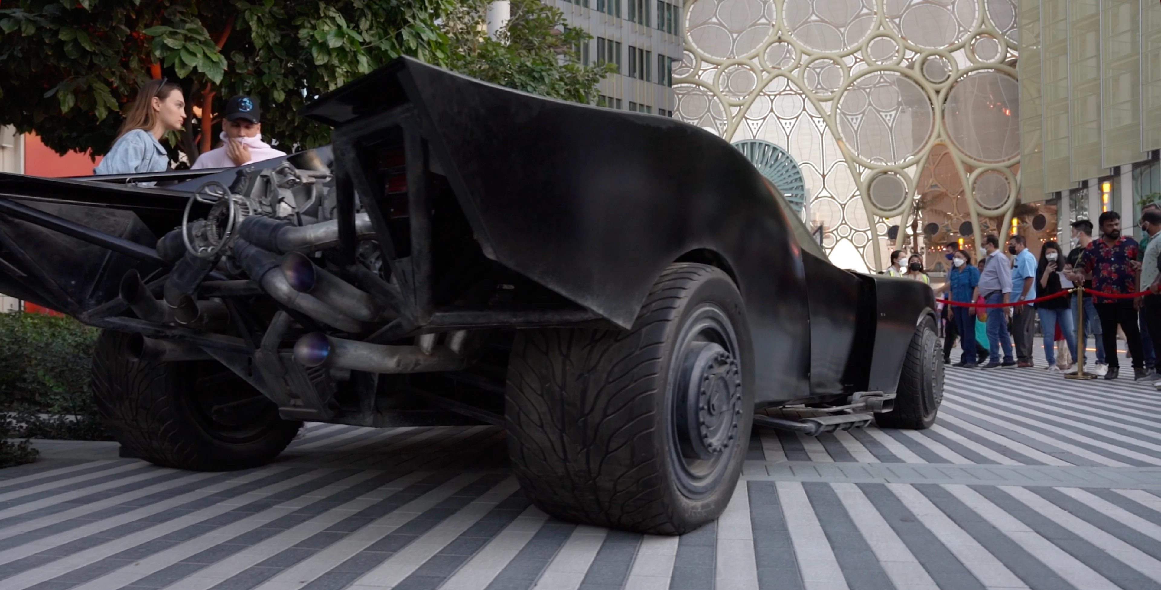 The Batmobile outside the Gotham City Pavilion at Expo 2020 Dubai